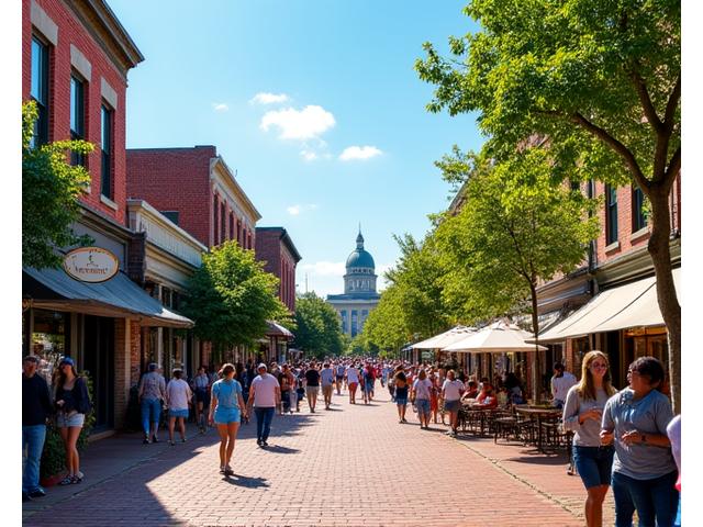 Historic Franklin square with local businesses and people enjoying the community.