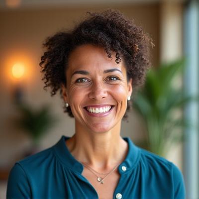 Portrait of Sarah Rodriguez, VP of Community Relations for Momentum Ascent, engaging with community members.