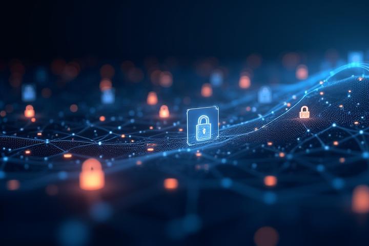 Abstract depiction of secure data flow and smart algorithms on a glowing digital interface, representing innovative lending technology.
