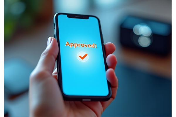 Graphic showing a smartphone with an 'Approved!' notification and a clock icon, symbolizing a fast, instant pre-approval decision for a loan.