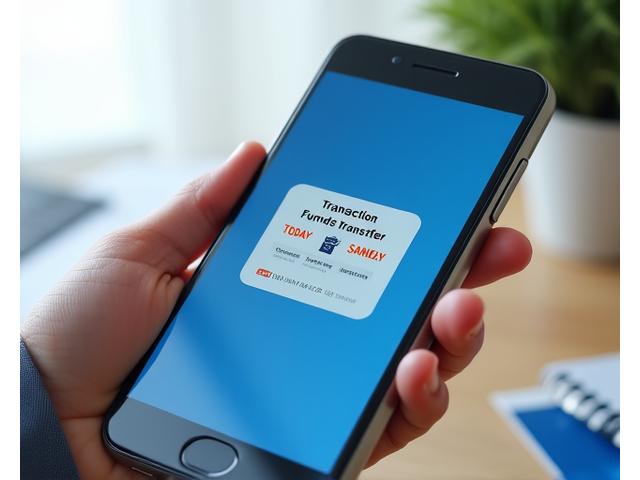 Illustration of a hand holding a smartphone showing a bank transfer confirmation, with a calendar icon highlighting 'Same Day', symbolizing fast funding.