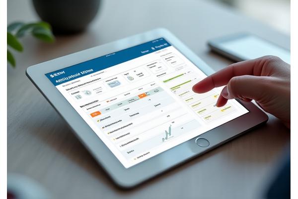Dashboard interface on a tablet showing loan application status with a progress bar, notifications, and options for communication, indicating transparency.