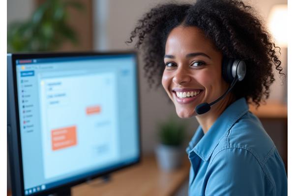 Friendly customer service representative wearing a headset, smiling, with a live chat interface on a screen in the background, signifying helpful support.