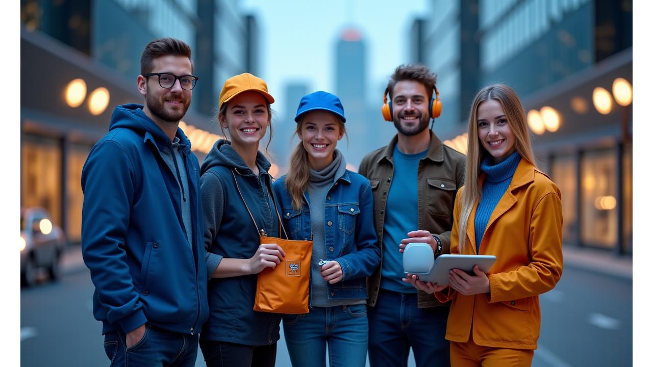 Illustration of a diverse group of gig workers, including a rideshare driver, a graphic designer, and a delivery person, looking confident and in control of their finances with city skyline in background
