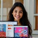 Portrait of Anya Sharma, a smiling graphic designer with her work visible on a laptop