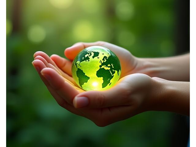Hands cradling a glowing green earth, symbolizing sustainable lending and environmental protection