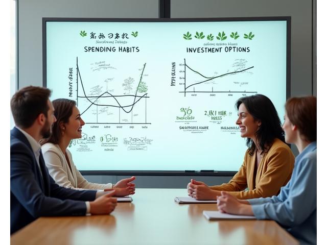 A diverse group of individuals engaging in a financial literacy workshop with diagrams showcasing sustainable spending and investment choices on a whiteboard.
