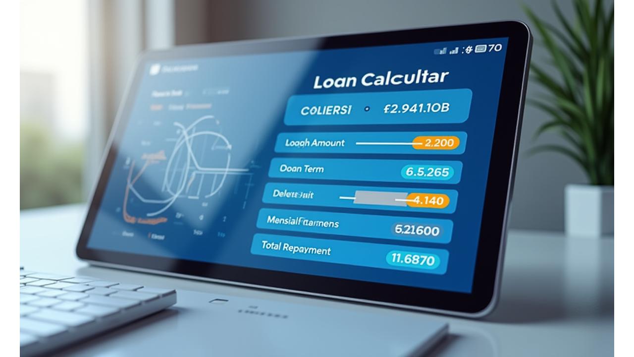 An interactive loan calculator interface displaying sliders for loan amount, term, and interest rate, alongside real-time calculations for total repayment and weekly payments, set against a background of simplified financial charts.