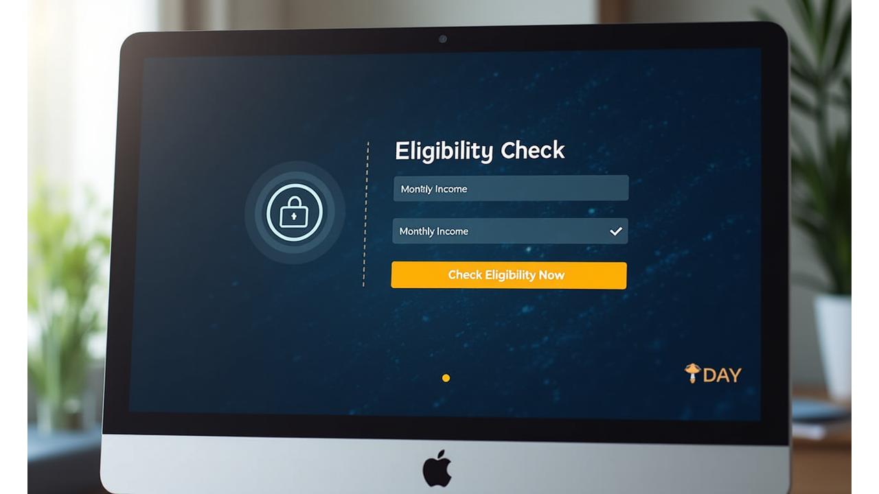 A digital form or interface for checking loan eligibility, with a progress bar and icons indicating privacy and security, leading to a 'check eligibility' button, set against a background of abstract financial data to convey speed and security.