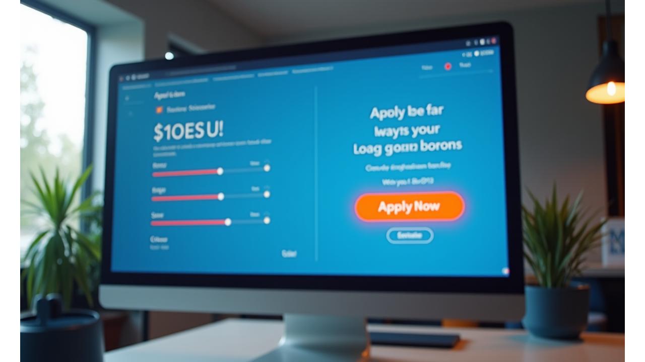 Computer screen showing loan sliders transitioning to a 'Apply Now' button