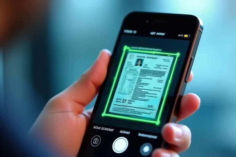 Smartphone camera interface capturing a document with automatic focus and OCR highlights