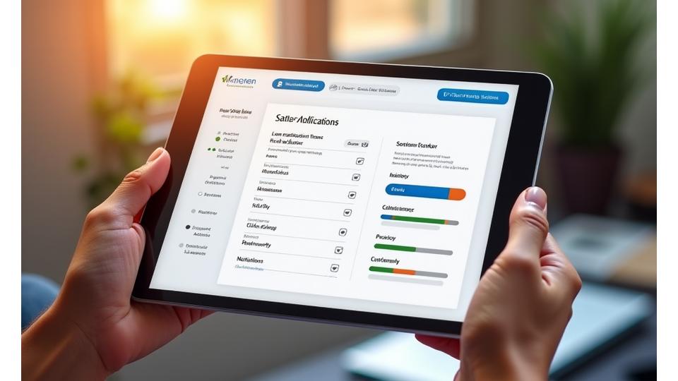 A personal digital dashboard on a tablet displaying real-time loan application status, estimated completion time, and notification settings.