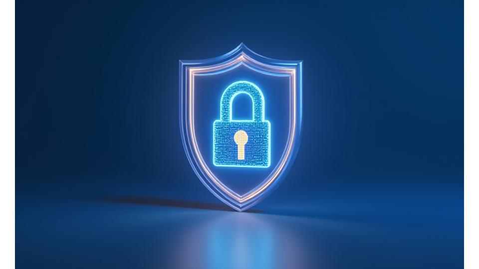 Illustration of digital lock and shield representing data protection and secure privacy policy