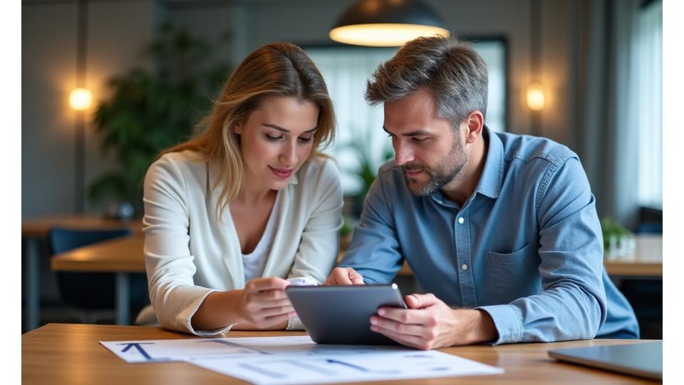 Two people discussing financial documents at a table, symbolizing support and guidance