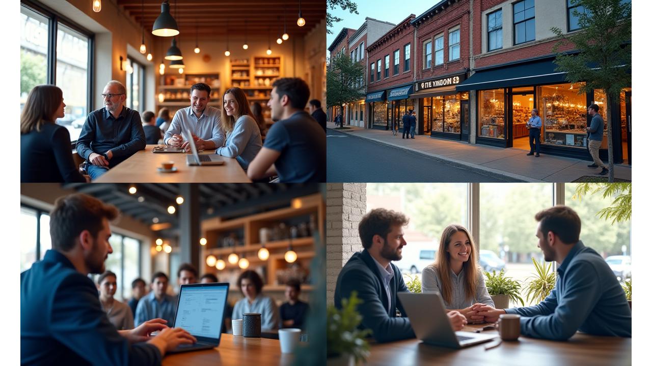 A collage representing Franklin's thriving business community, with images of local businesses, entrepreneurs networking, and iconic Franklin landmarks, subtly integrated.