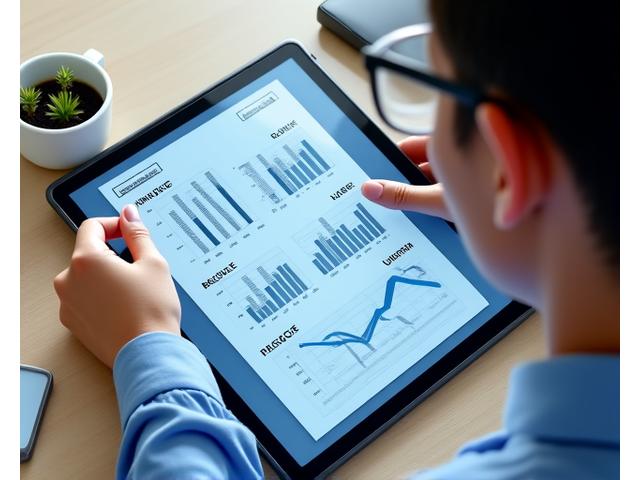 An entrepreneur reviewing financial documents on a tablet, with a blueprint and coffee on a clean, modern desk. Represents micro-business loan application and planning.