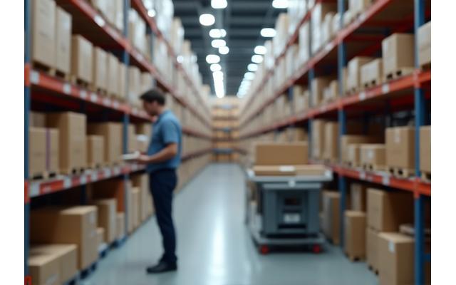 A modern e-commerce fulfillment center with neatly stacked product boxes and a person preparing a package.
