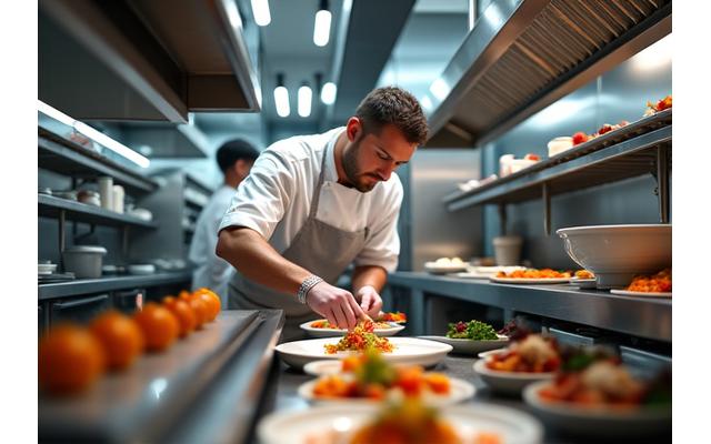 A bustling, modern restaurant kitchen with a chef expertly plating food.