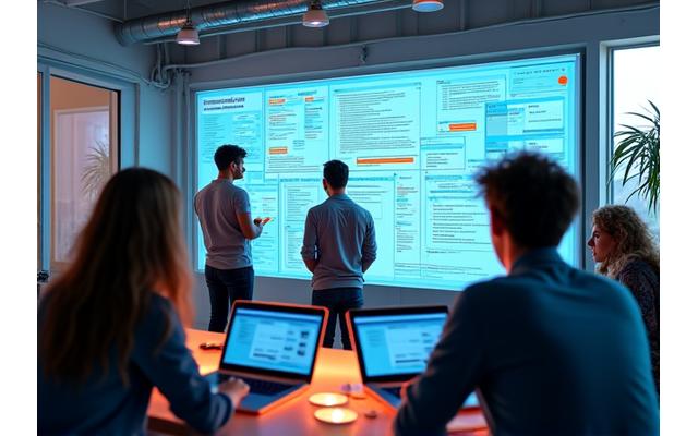 A lean startup team collaborating around a whiteboard, with wireframes and code visible on screens, conveying innovation.