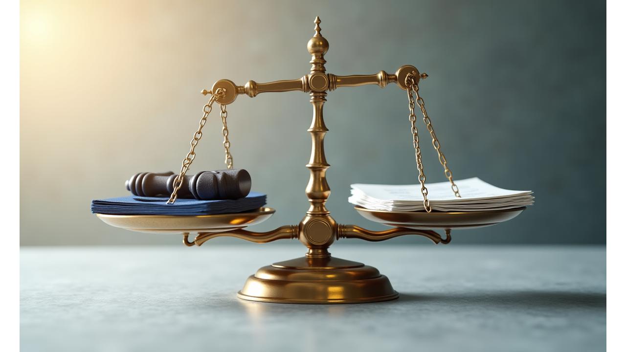 Illustration of a balanced scale with legal documents, symbolizing fair dispute resolution.