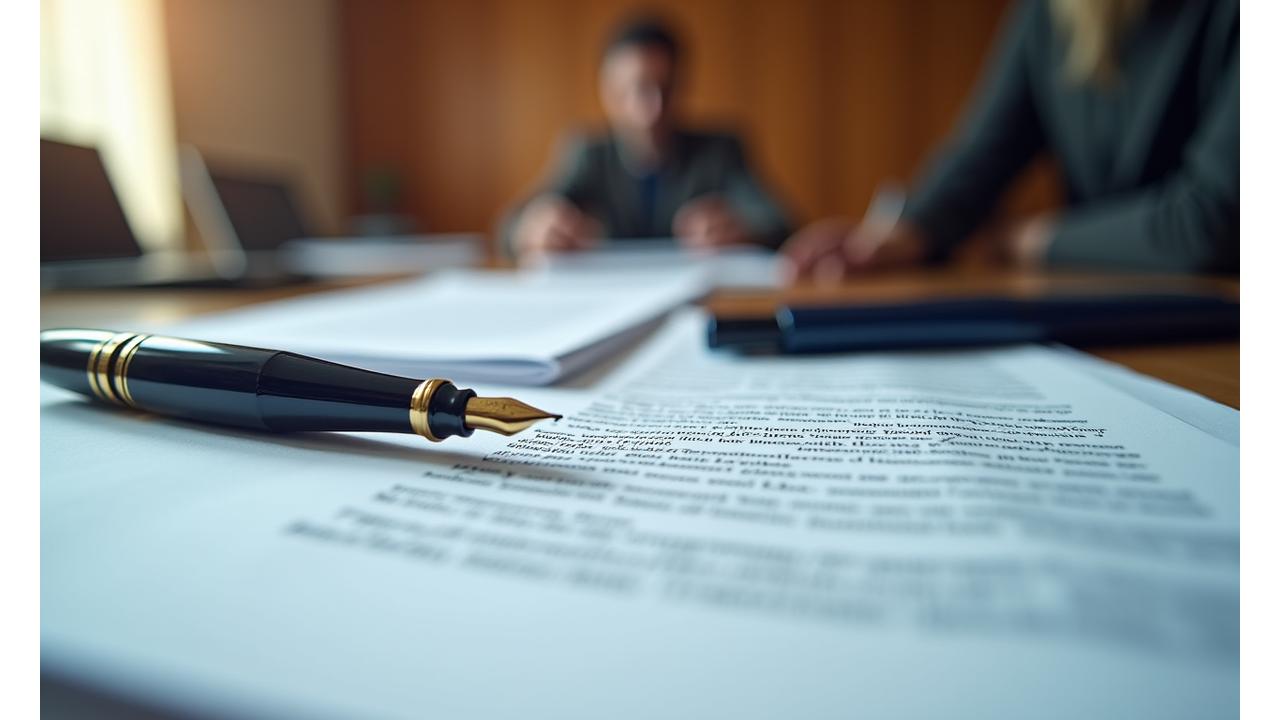 Close-up of legal documents and a pen, symbolizing the comprehensive terms of service and agreement process.